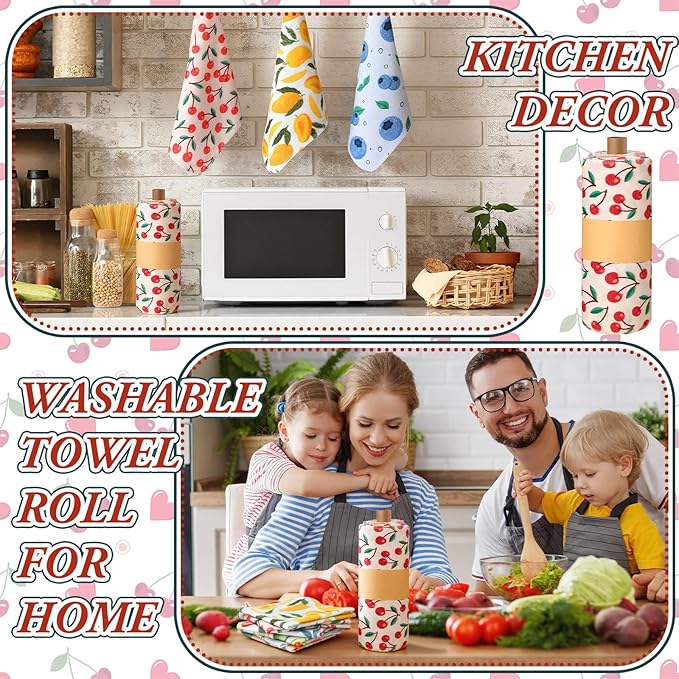 Redbaker 30 Pcs Reusable Paper Towels Rolls Towels Bulk Kitchen Washable Paperless Cloth Cotton Hand Napkins with Cardboard Reusable Napkins for Kitchen Bathroom (Fruit Design)