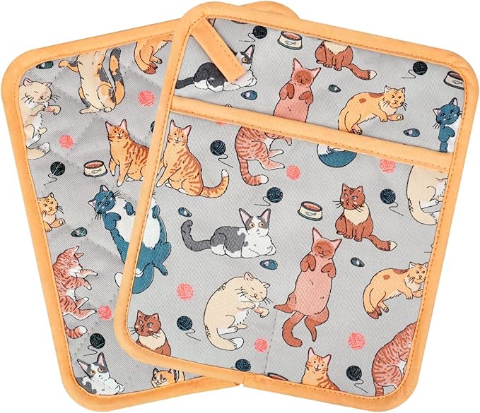Pot Holders Set of 2 Heat Resistant 480℉ Kitchen 100% Cotton Comfortable Lining Printing Fox Flower Women Men Home Cooking Baking Microwave BBQ Gift (Cat potholder)