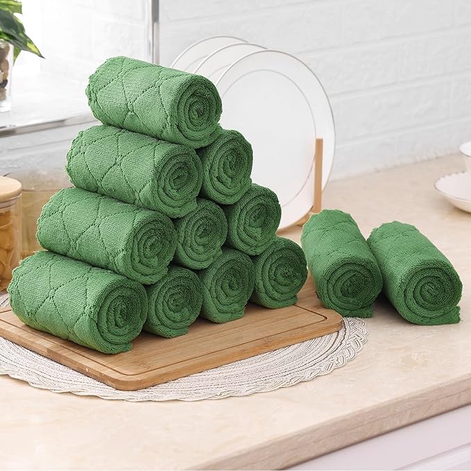 Mordimy 24 Pack Kitchen Towels (20" x 10", Dark Grey & Grass Green), Super Soft and Absorbent Dish Towels, Coral Velvet Microfiber Cleaning Cloth, Nonstick Oil Fast Dry Dish Cloths