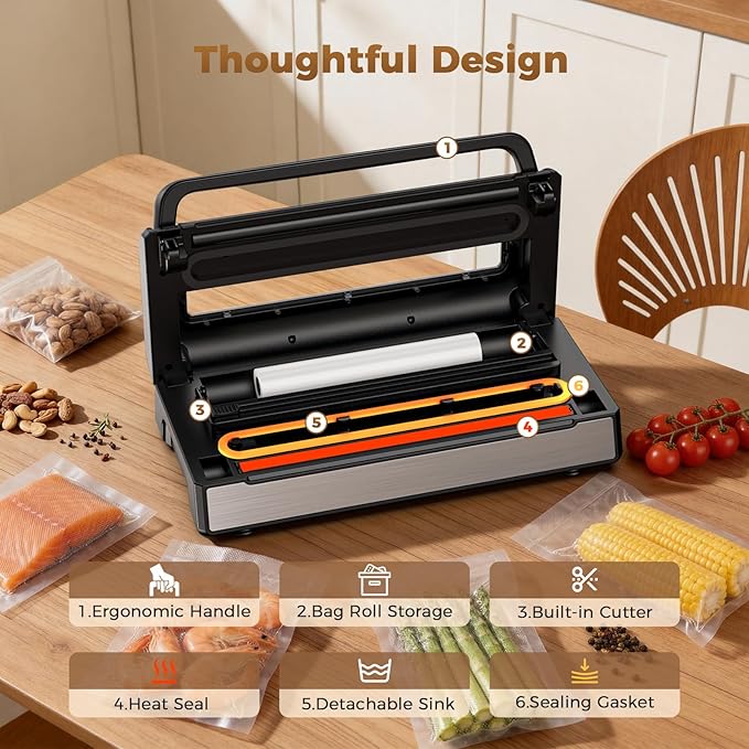 95kpa Vacuum Sealer Machine,Commercial Full Automatic Food Sealer,Powerful Sealing System with Double Heat Seal,Built-in Cutter&Bags Storage,1 Bag Rolls and 10 pcs Pre-cut Bags