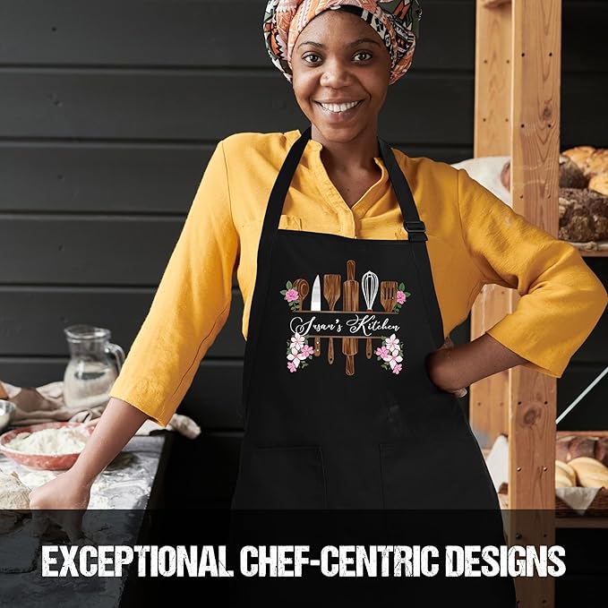 shop4ever Personalized Pink Floral Kitchen Apron with Name – Custom Cooking & Baking Apron with Pockets, Adjustable Fit, Bakers, Chefs, Women (Black)