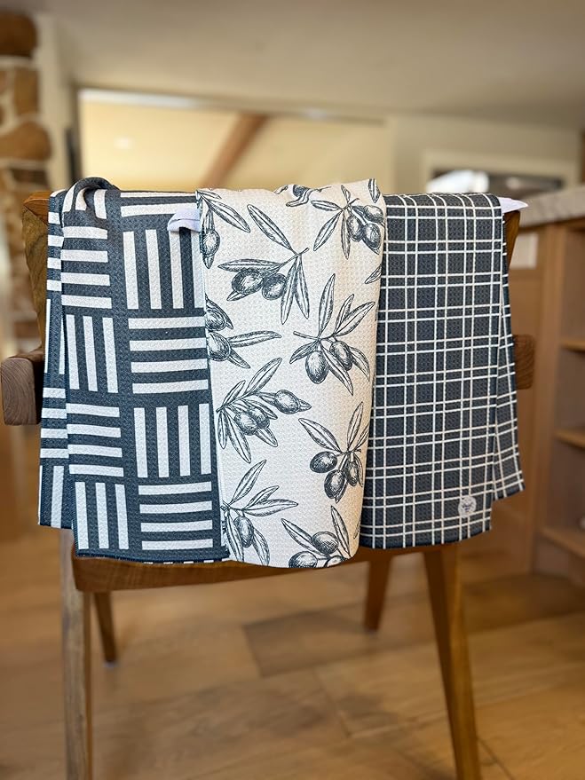 || 3 Pack|| Double Sided Dish Towels || Waffle Weave Microfiber || Highly Absorbent || Hanging Loop || Dish Cloths || Modern || Designer Prints || Lights (Gray)