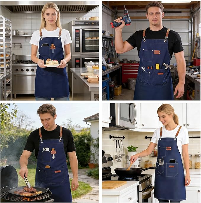 Chef Aprons for Men Women with 4 Large Pockets, Cotton Canvas Cross Back Adjustable Apron for Work grilling kitchen gardening