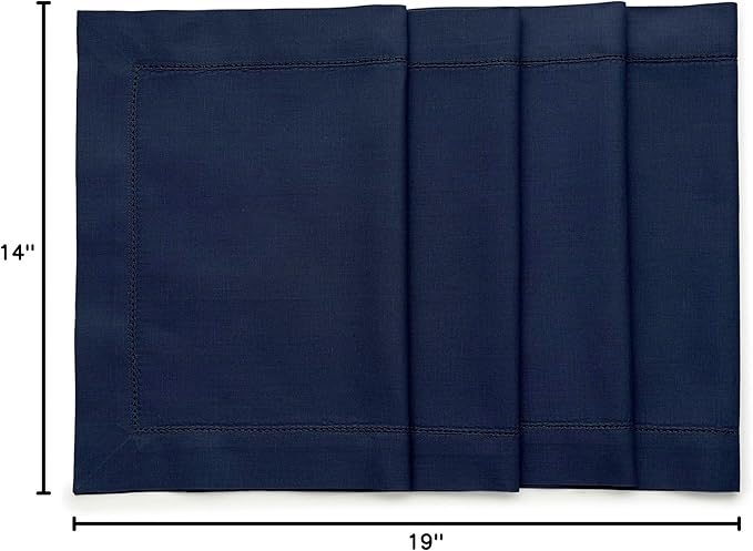 Solino Home Navy Blue Placemats Set of 4 - Cotton Linen Hemstitch Placemats 14 x 19 Inch for Spring, Summer, Mothers Day, Memorial Day