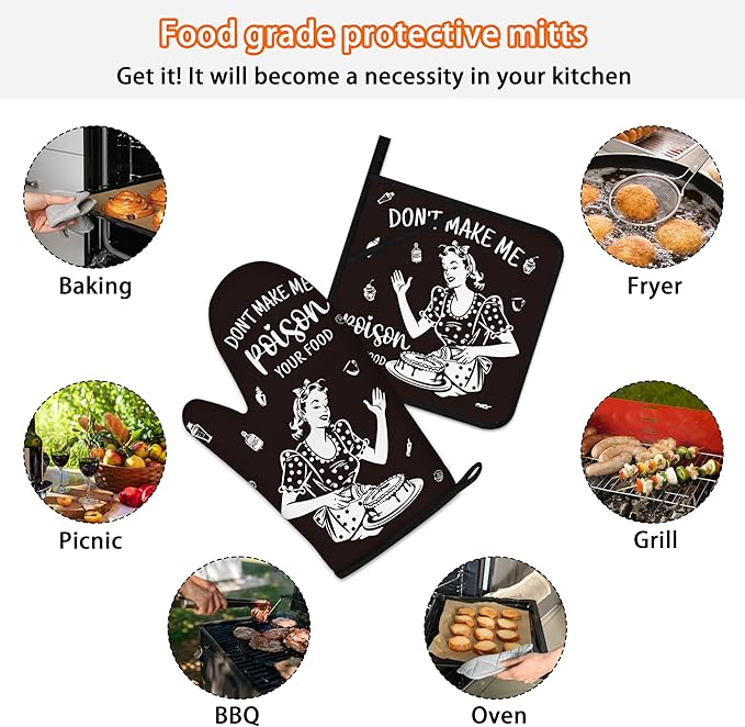 Funny Oven Mitts and Pot Holders Sets Black Kitchen Accessories Cute Kitchen Decor Funny House Warming Gifts Heat Resistant Cooking Baking Gifts for Women (Black, Oven Mitts & Pot Holders)