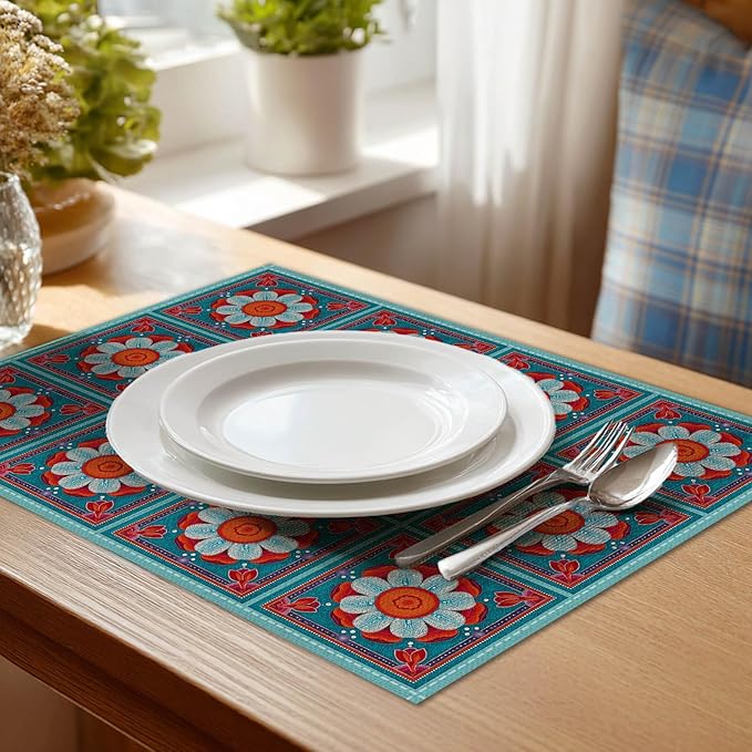 HOMETITUTE Placemats Set of 4 Linen 12x18 Inch Washable Table Mats Bright Bohemian Style Place Mats Colorful Autumn Placemats Decorative Kitchen Dining Table Set