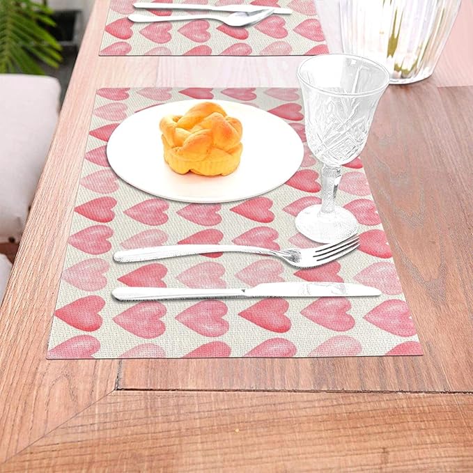 Valentine's Place mats Set of 4,12x18 Inches Valentine's Decor Pink Love Heart Placemats Rectangle Mother's Day Wedding Anniversary Decoration Table Mats for Party Home Kitchen Dining Table