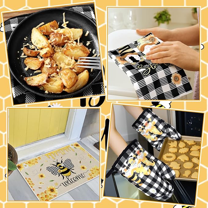Fourluoo 10 Pcs Bee Kitchen Decor Sunflower Oven Mitts and Pot Holders Set Bee Dish Towels Rugs Mats Buffalo Plaid Farmhouse Kitchen Accessories for Chef Baking Cooking Grilling BBQ Women Home Gift