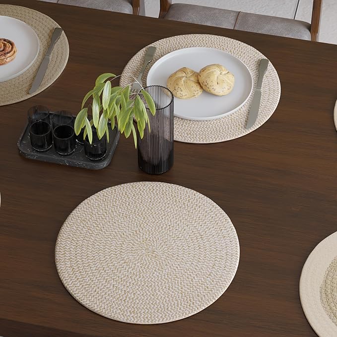 Encasa XO Dining Placemats Set of 6 | Cotton Round Table Mat - 13 in Diameter | Beige Mix Combo | Handmade Rib Style Chargers for Dinner Plates
