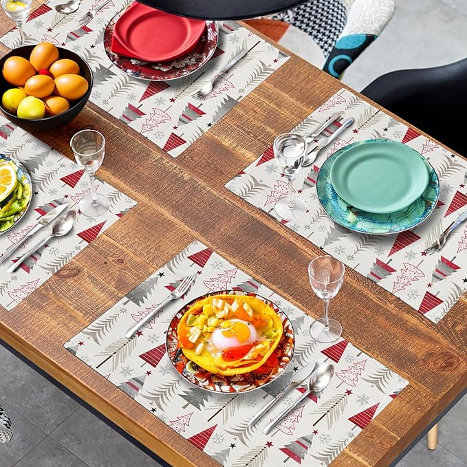 Christmas Tree Placemats Set of 4 Geometric Colorful Xmas Place Mats 12x18 Inch Seasonal Winter Holiday Farmhouse Washable Linen Table Mat for Party Kitchen Dining Decoration