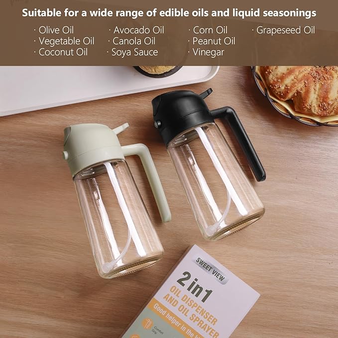 SWEET VIEW Oil Sprayer for Cooking, 16oz/470ml 2 In 1 Glass Olive Oil Sprayr & pourer for Kitchen, Air Fryer, Cooking, Salad, BBQ (Yellow)
