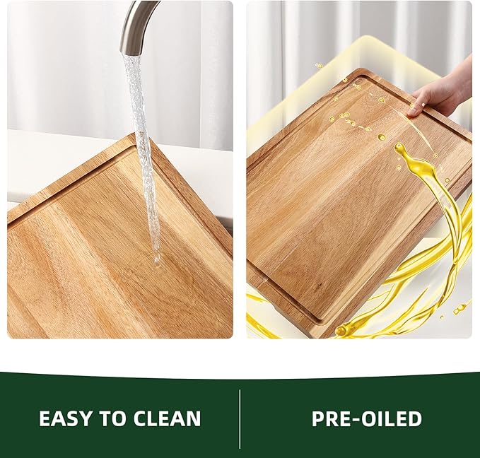 XL Cutting Board, 18x12 Large Acacia Wooden Cutting Board for Kitchen, Edge Grain Wood Chopping Board with Juice Groove and Handles, Pre-Oiled Carving Tray for Meat & Cheese