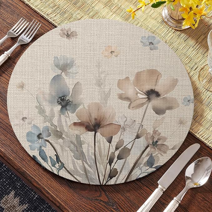 Artoid Mode Brown Poppy Floral Round Placemats Set of 4, 14 Inch Washable Non-Slip Plastic Woven Plastic PVC Place Mats for Farmhouse Party Dining Decor
