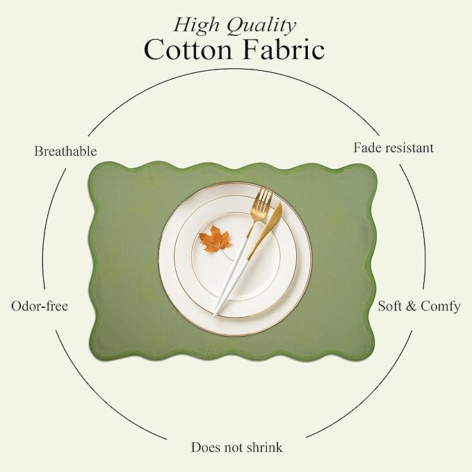 CPC Cotton Placemats Emerald Green Set of 4-Hand Block Printed Reversible Placemats, Flower Scalloped & Embroidered Cloth Table Mats - 14 x 20 inch Gift for Spring, Mother's Day