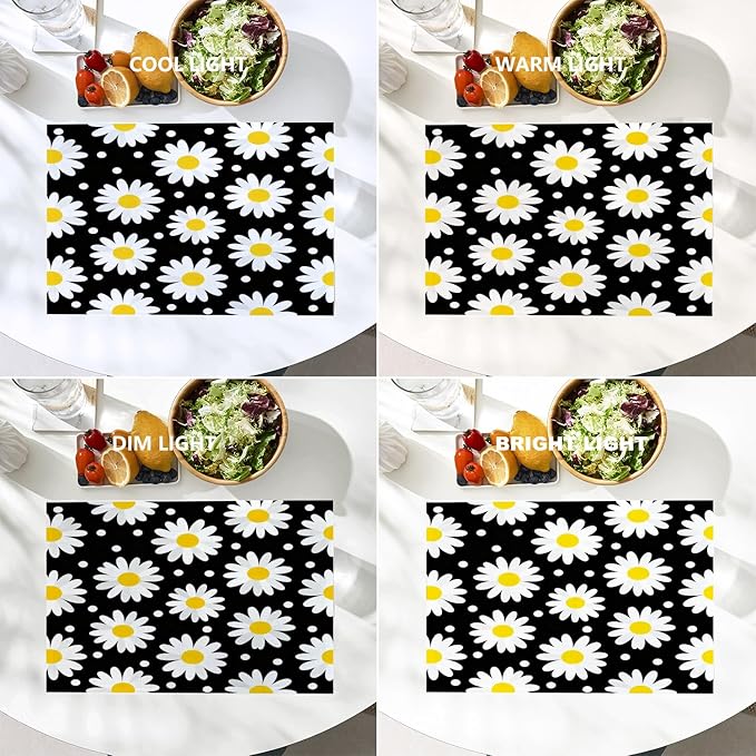 Batmerry Daisy Black White Placemats, Texture Circle Doodle Tiny Flowers Beauty Washable Linen Table Mats for Kitchen Table Double Insulation Decor Dining Set Indoor Outdoor 12X18 in Set of 6