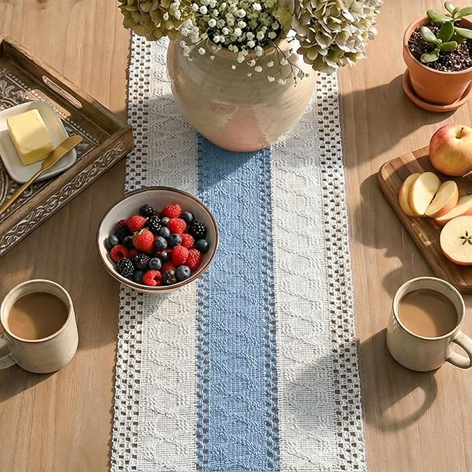 Artoid Mode Sky Blue Farmhouse Rustic Table Runner, Seasonal Holiday Hollow Kitchen Dining Table Decoration for Home Party Decor 12x108 Inch