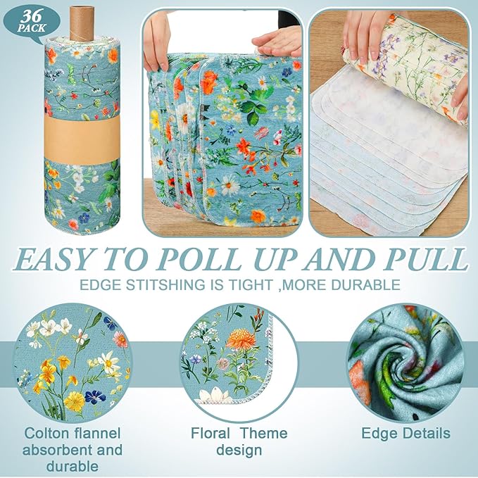 Redbaker 36 Pcs Reusable Paper Towels Rolls Kitchen Towels Bulk Washable Paperless Cloth Cotton Hand Napkins with Cardboard Reusable Napkins for Kitchen Bathroom (Flower Style)