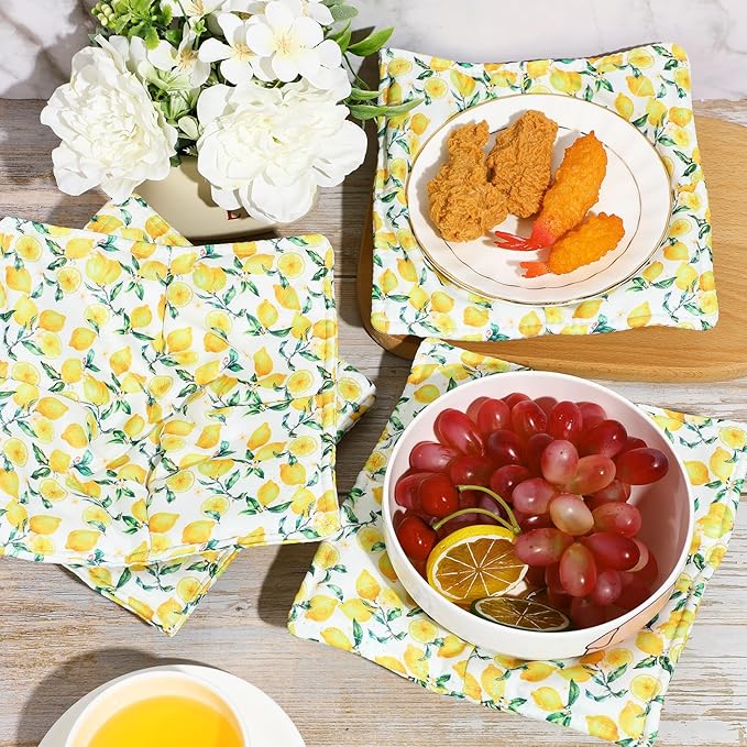 Cunhill 4 Pcs Cotton Microwave Bowl Cozy Holders for Hot Food Hot Pads Soup Bowl Potholders Heat Resistant Multipurpose Quilted Safe Holders for Kitchen Plate Supply(Yellow,Cute Lemon Style)