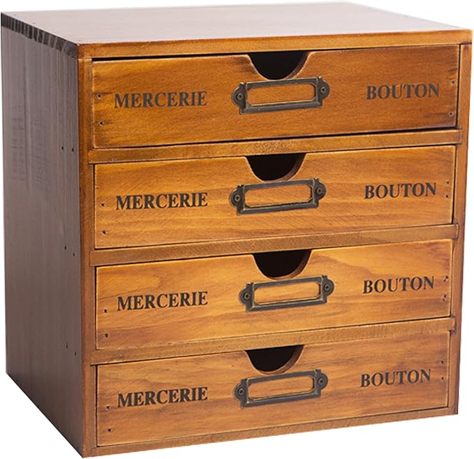 Modular Stackable Apothecary Cabinet 4 Drawer Desk Organizer - Retro Library Card Catalog Wood Storage Box - Organize Stationery, Thread Embroidery, Sewing, Crafts, Junk Drawer & Supplies Countertop