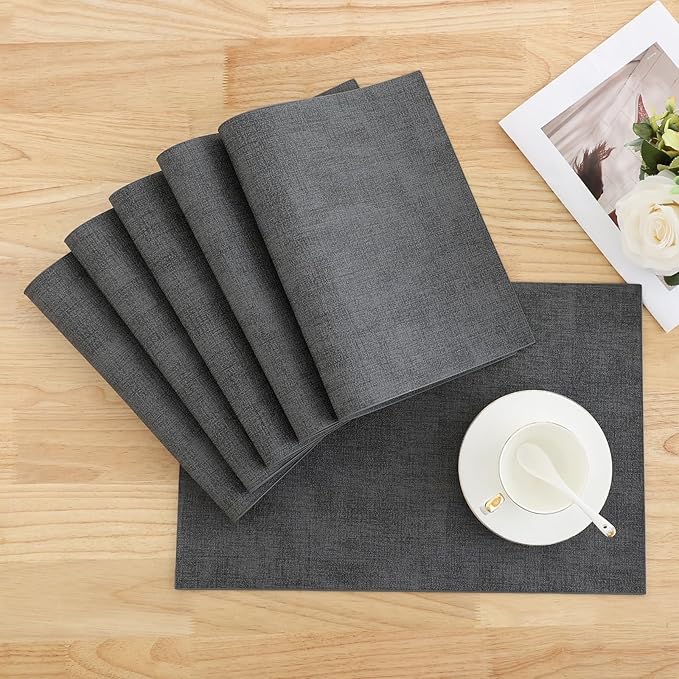 Homaxy Faux Leather Heat Resistant Placemats for Dining Table Set of 12, Waterproof Wipeable Washable PU Table Mats, Easy to Clean Anti-Slip Place Mats, 11.8" x 17", Dark Grey