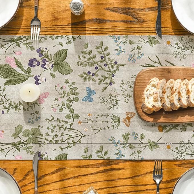 Artoid Mode Wood Wild Flowers Floral Spring Table Runner, Seasonal Summer Kitchen Dining Table Decoration for Home Party Decor 13x60 Inch
