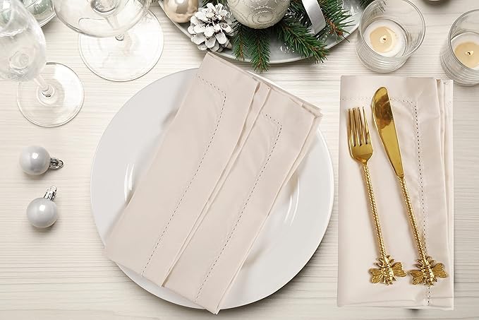Ramanta Home 12 Pack Cloth Napkins 20x20 Inches, 100% Polyester Napkins with Hemmed Edges, Washable Reusable Dinner Napkins Ideal for Parties, Weddings, Dinner Table, Hotels and Banquets -Beige