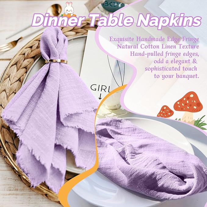 Showgeous 10 Pack Lavender Cloth Napkins with Fringe 16x16 inch 100% Cotton Purple Napkins Handmade Dinner Napkins Bulk Washable Soft Rustic Table Napkins for Wedding Parties Bridal Baby Shower