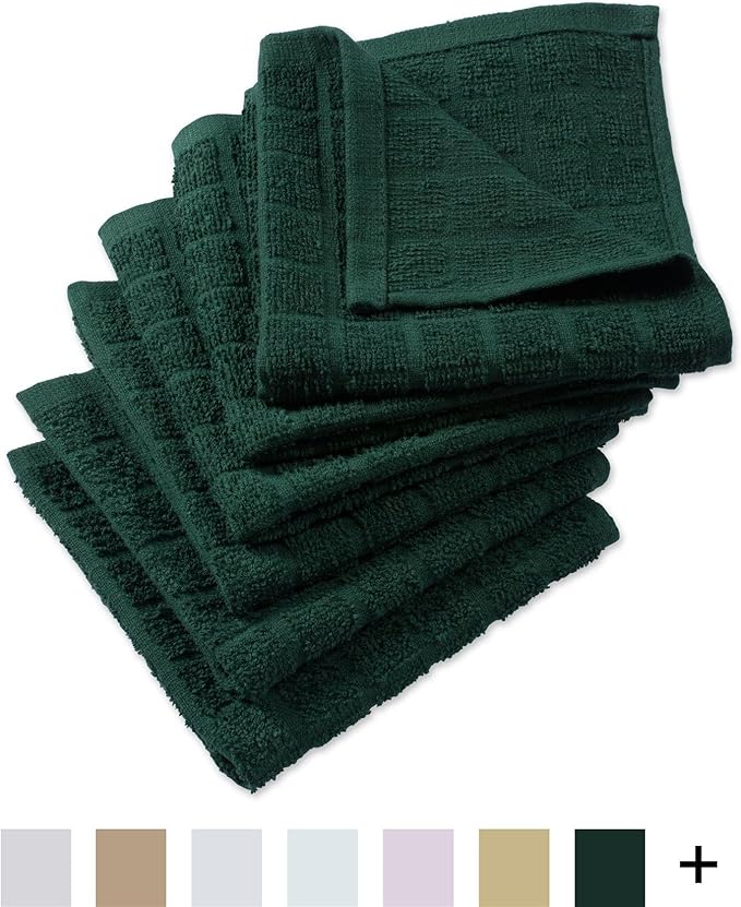 DII Basic Terry Collection Solid Windowpane Dishcloth Set, 12x12, Dark Green, 6 Piece