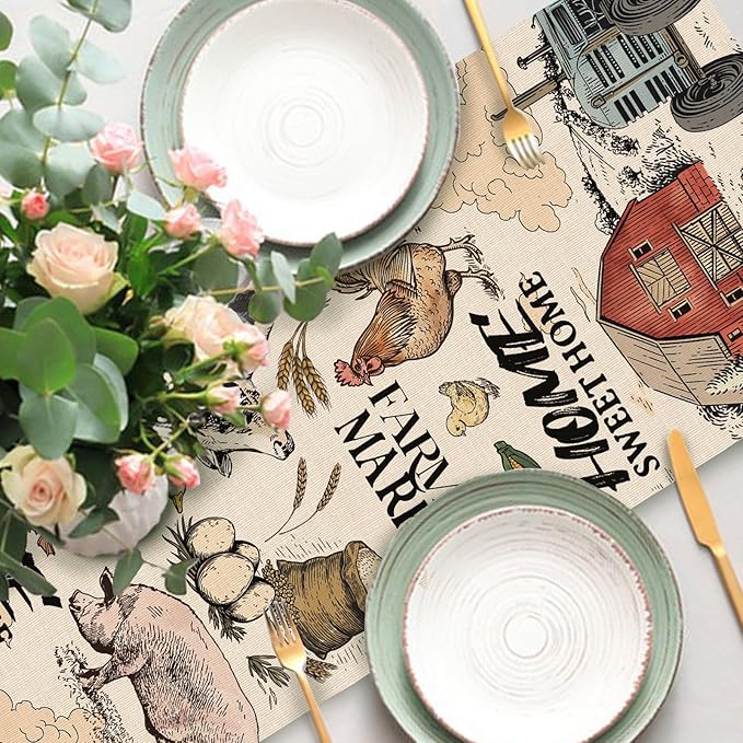 Farm Animals Dining Table Runner, Farmhouse Country Cow Lamb Pig Chicken Duck Barn Tractor Burlap Kitchen Decoration, Farmer Market Indoor Outdoor Sweet Home Decor Party Supply 13 x 36 Inches