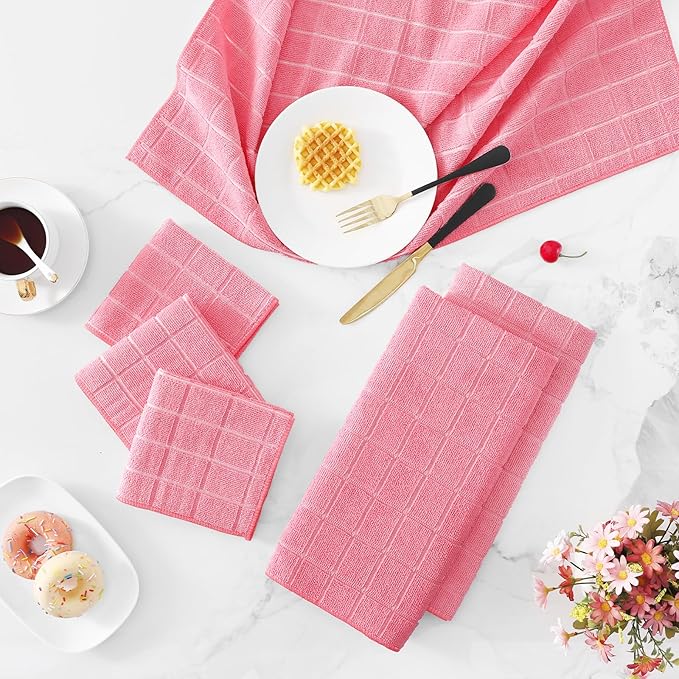 Homaxy Microfiber Kitchen Towels and Dishcloths Set, 20 Pack Soft and Absorbent Dish Hand Towels Bulk, 28 x 16 Inch & 12 x 12 Inch Quick Drying Rags for Washing Dishes, Pink