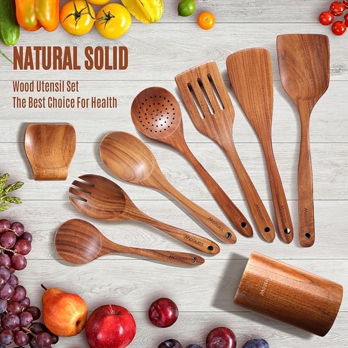 Wooden Spoons for Cooking, 9 PCS Teak Wood Cookware Utensil Set - Smooth Finish, Non-Stick, Comfortable Grip, Heat Resistant Kitchen Utensils Gift Box