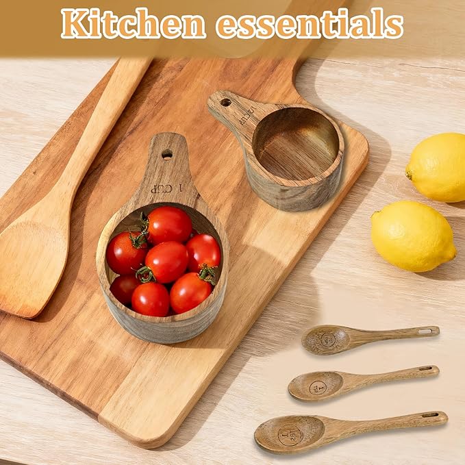 Wooden Measuring Cups and Spoons Set - Eco-Friendly Solid Acacia Wood, Laser Engraved Measurements for Precision, Perfect for Baking & Cooking, Ideal Gift for Bakers, Chefs & Home Cooks (Brown)