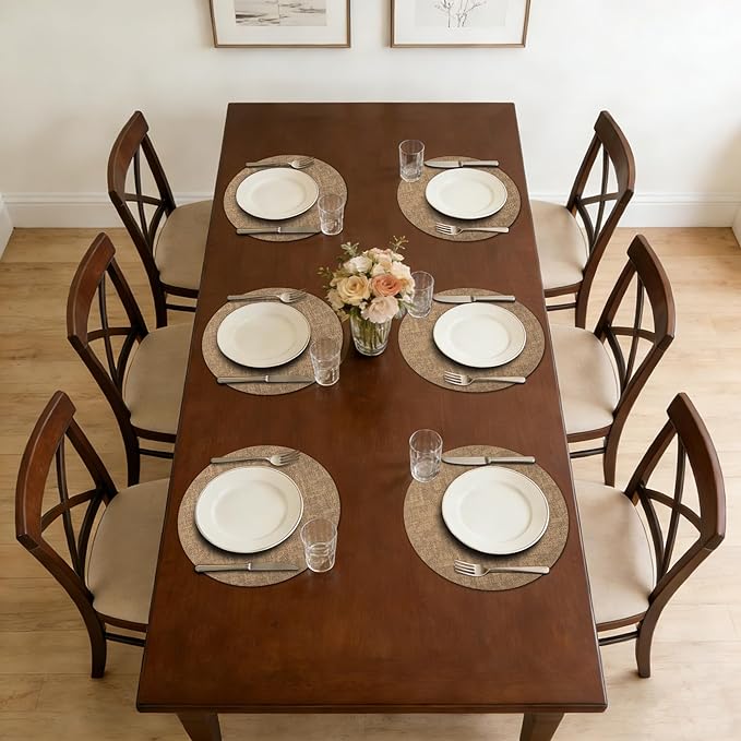 Maxpearl Round Placemats Set of 6, 13.8 inch Faux Leather Heat Resistant Table Mats, Non Slip Waterproof Wipeable Place Mats for Kitchen Dining Holiday Party Table Settings, Brown