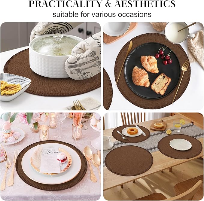 Round Placemats Set of 6, 15 Inch Linen Fabric Table Placemats, Heat Resistant, Wrinkle Free Washable Placemats Kitchen Place Mats Set of 6 for Dining Table Party Table (Coffee, 6)
