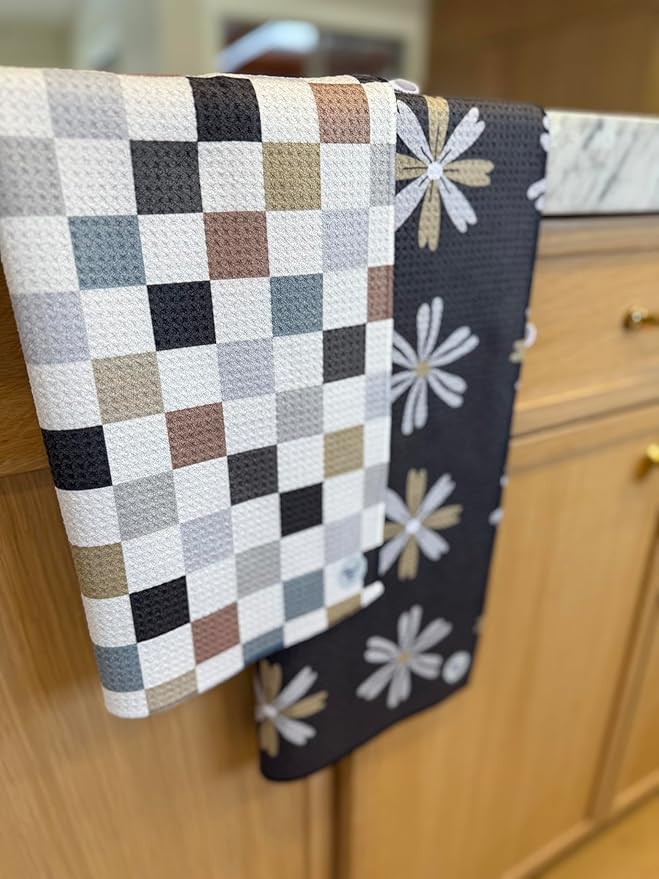 2 Pack || Double Sided|| Not Your Ordinary Kitchen Towels || Dish Towels || Quick Dry || Waffle Weave Microfiber || Designer Prints || Highly Absorbent || Hanging Hook (Multi-Checkered)