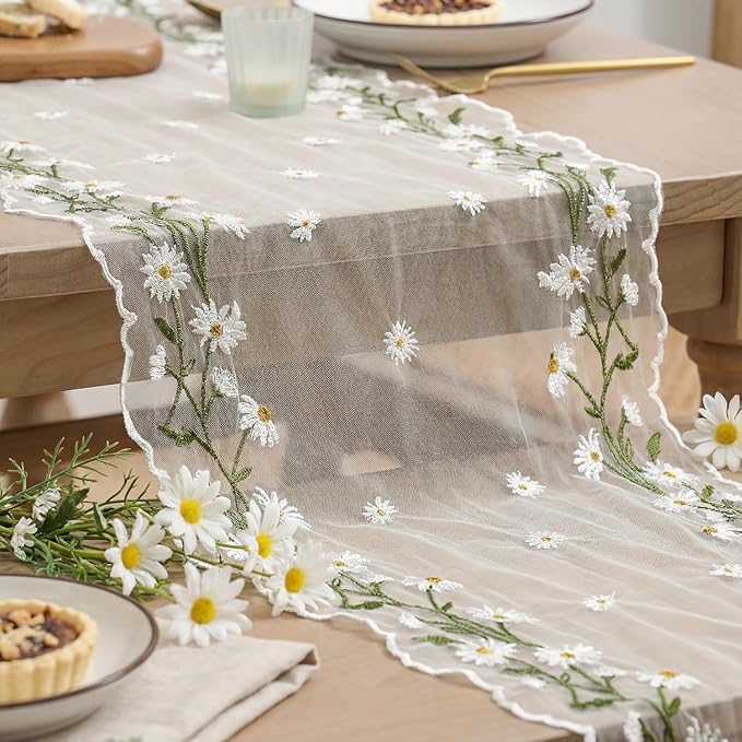 Artoid Mode Daisy Floral Milky White Shaped Gauze Embroidery Table Runner 120 Inch 10FT, Tulle Spring Summer Kitchen Dining Table Decor for Home Party
