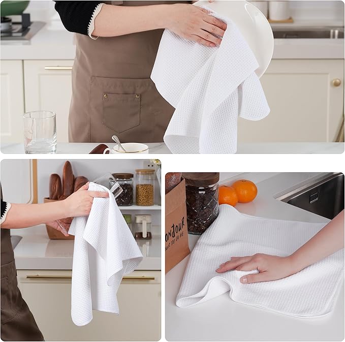 POLYTE Premium Microfiber Kitchen Dish Hand Towel Waffle Weave 18 Pack (16x28 in, White)