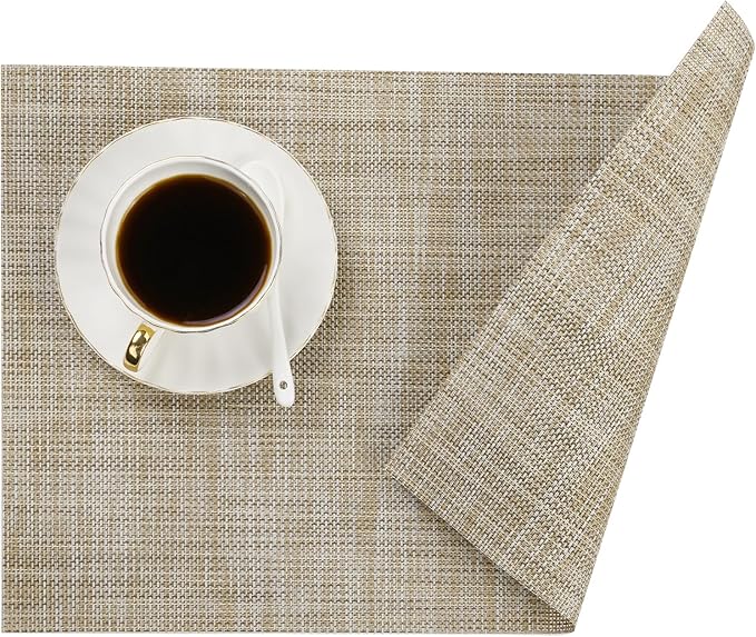 SHACOS Placemats Set of 4 Woven Vinyl Reversible Plastic Durable Place Mats Wipeable Stain Resistant Kitchen Dining Table Mats Indoor Outdoor Table Placemat, Beige