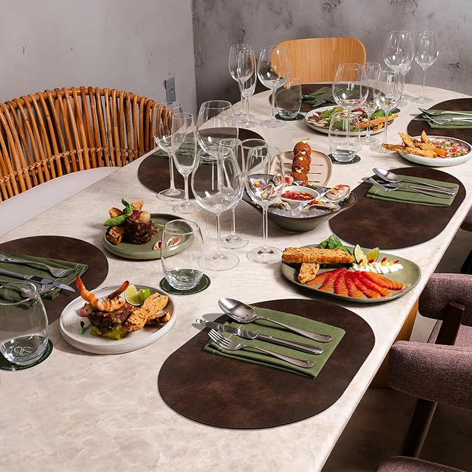 ADRIMER Placemats, Heat Resistant Oval Placemats Set of 12 Washable 12 x 17 Inch, Waterproof Table Mats, Wipeable Pu Place Mats for Kitchen, Dining Room, Coffee