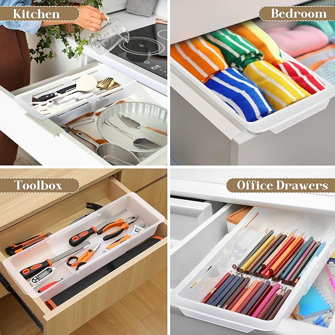 2 Pack Deep Drawer Organizer Bins, Adjustable Sliding Drawer Organizer Bin Expandable Tray for Kitchen Utensils, BBQ Tools, Towels, Durable Plastic Sliding for Easy Storage (17" to 27”)