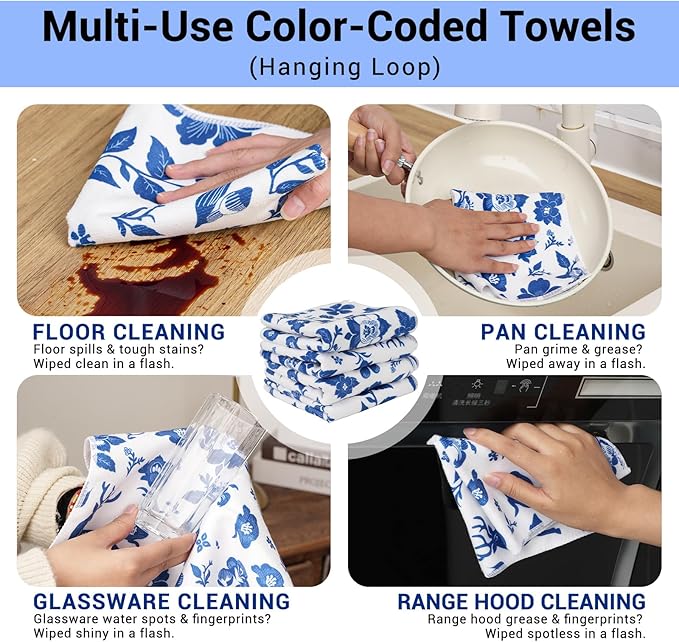 YUA Microfiber Cleaning Cloth 12 Pack,Microfiber Towels Cleaning,Microfiber Towels for Cars,Absorbent Dish Washing Cloth,Reusable Cleaning Cloths Lint Free (Blue Floral Deer)