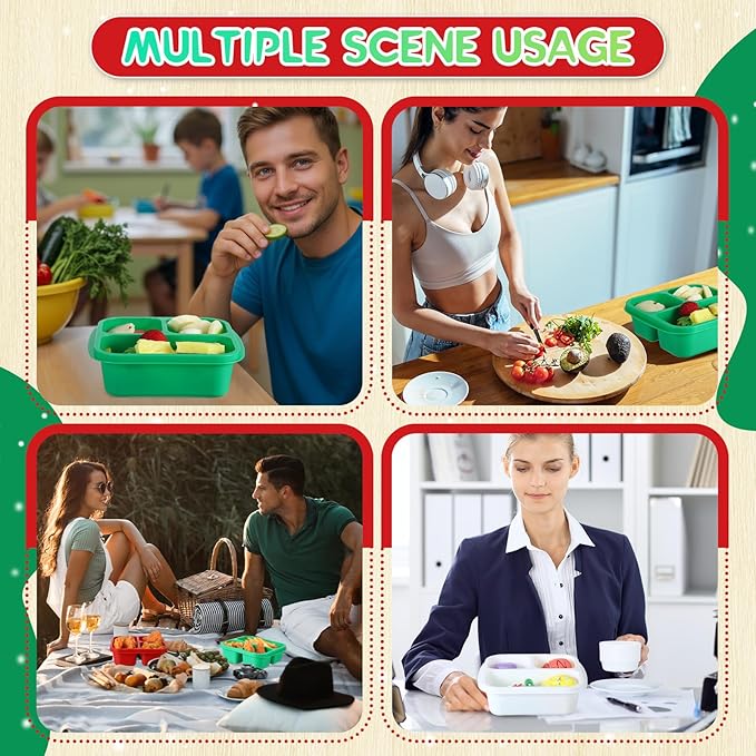 Honeydak 5 Pack Snack Containers 3 Compartment Bento Snack Boxes Divided Meal Prep Containers with Lids Reusable Adults Lunch Food Storage Box for School Work Travel(Christmas Color)