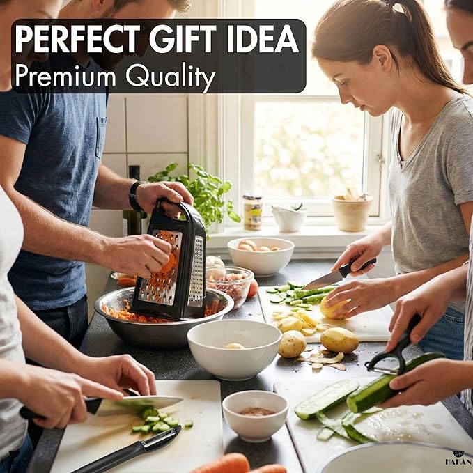 Hakan Grater, Chop and Peel Set | Handheld 3-Sided Grater with Multiple Shred Sizes, Y-Shaped Vegetable Peeler, I-Shaped Food Slicer & Spear Knife | Stainless Steel Kitchen Tools | Black, 4 Pcs