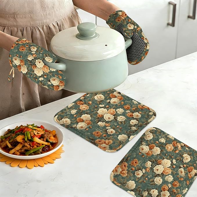 Vintage Rose Flower Oven Mitts and Pot Holders Set of 4,Retro Floral Kitchen Glove Heat Resistant Oven Mitts with Non-Slip Silicone for Baking, Cooking, BBQ