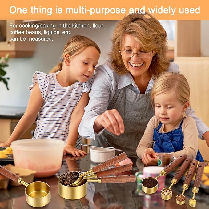 8Pcs Measuring Cups and Spoons Set, Gold Stainless Steel Measuring Cups with Wooden Handle, Nesting Measure Spoons and Cup Kitchen Measure Set for Kitchen/Food/Baking