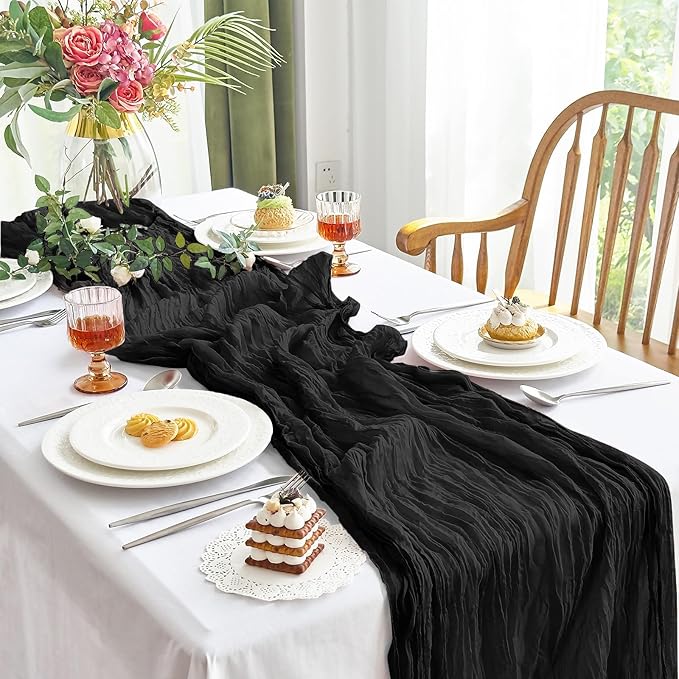 IVAPUPU 6 Pcs Cheesecloth Table Runner - 10ft Black Spring Boho Gauze Black Cheese Cloth Table Runners for Indoor Baby Shower Decorations Wedding Party Garden Decor