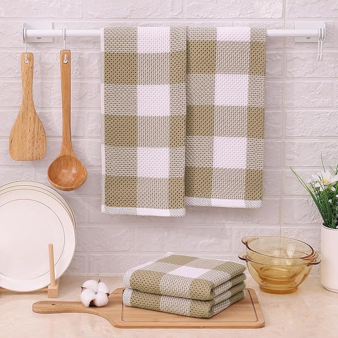 Mordimy Kitchen Towels and Dish Cloths Set, 28 X 13 Inch and 12 X 12 Inch, Set of 8 Soft and Super Absorbent Dish Towels for Drying Dishes, Khaki & White