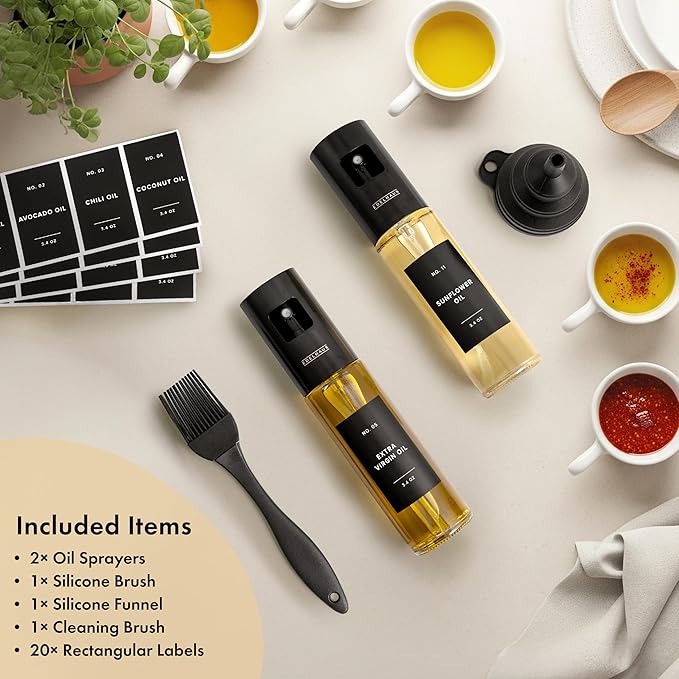 EDELHAUS Oil Sprayer Set of 2 Oil Spray Bottle Made of Stainless Steel & Glass, for Healthy Cooking, Sprayer for Precise Dosage, for Cooking Oil & Vinegar Including (Black Lids, 2 Pack)