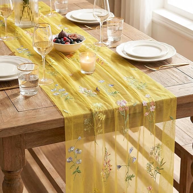 Artoid Mode Wildflower Floral Yellow Gauze Embroidery Table Runner 120 Inch 10FT, Tulle Seasonal Spring Kitchen Dining Table Decor for Home Party