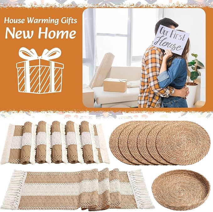 Boho Placemats 4/6/8 Set of Round Woven Placemat Macrame Style Bicolor Stitching Long Table Runner Farmhouse Rustic Natural Burlap Cotton for Kitchen Dining Table(6 Sets,Khaki B,12x72)